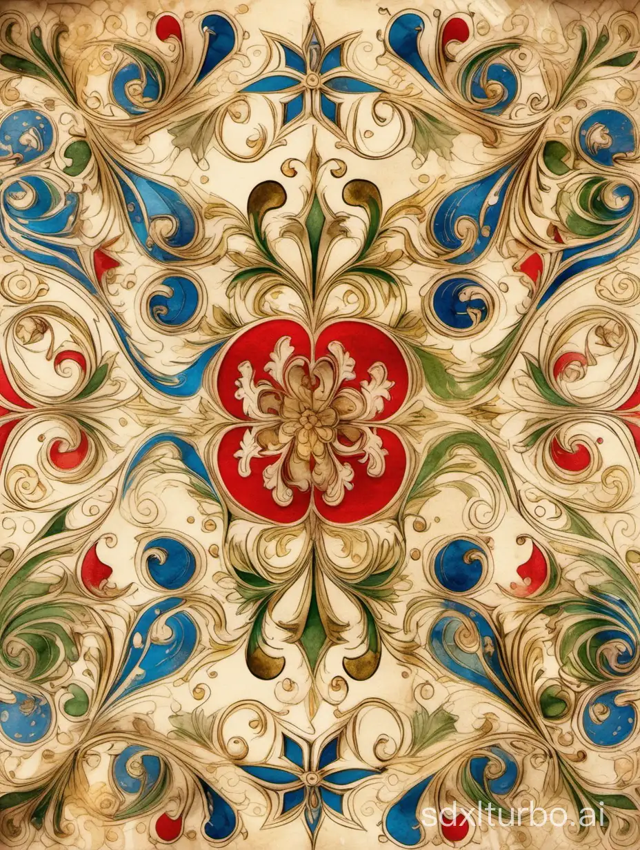 Delicate medieval Florentine paper with red, blue and green flourishes and golden dots, splashes and ornaments, highly detailed and delicate drawing and painting