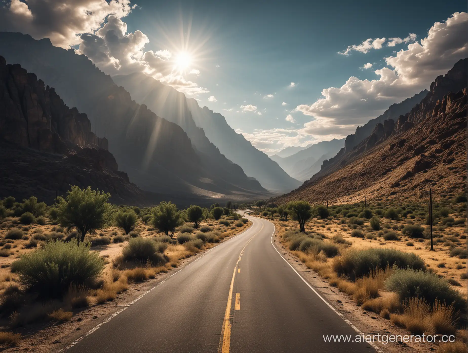 summer, sunny, mountains, great weather, beautiful day, dark smooth shadows, mountain road, looking forward, amazing nature view, some clouds decorate the sky, desert mountains have some woods on the tops, there are some bushes along the road we are standing on