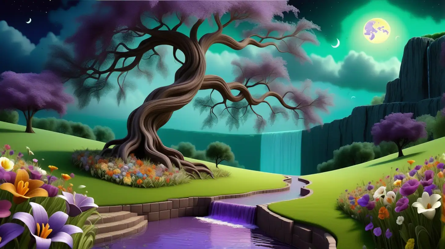 Noaptea cu un cer violet, o cascada de vis, copacul vietii, iarba verde si plina de flori de toate culorile
