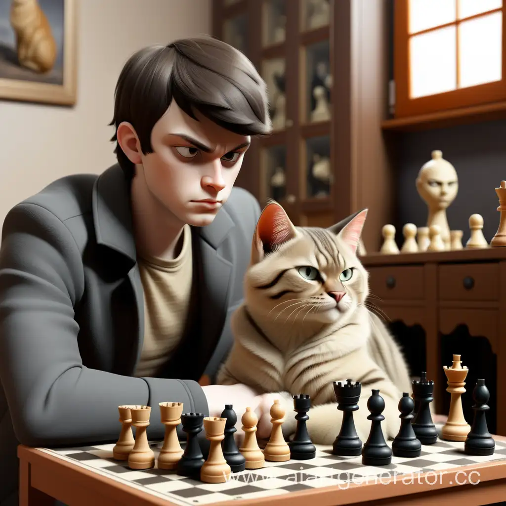  молодой  черноволосой человек Егор играет в шахматы а рядом  кот британец песочного цвета 