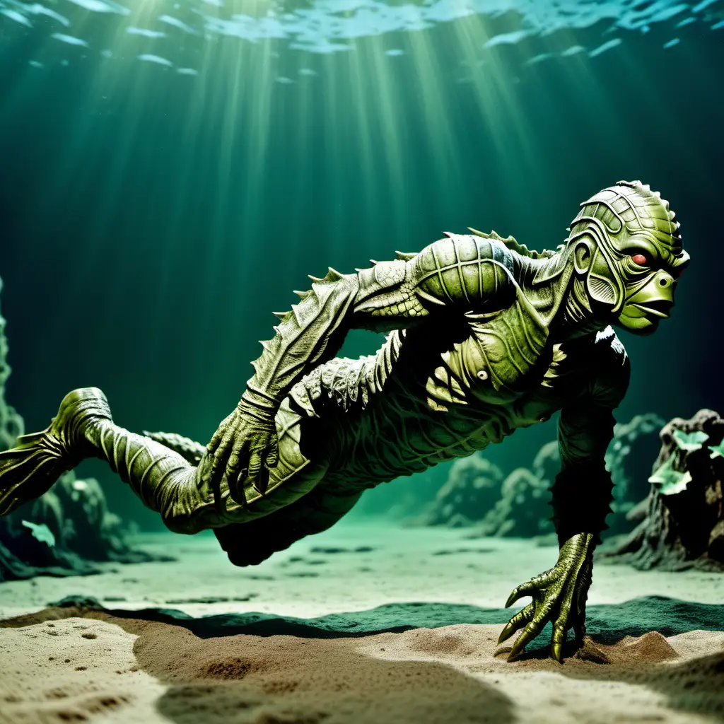 full view of creature from the black lagoon swimming horizontally underwater, full body viewed from the side, in color