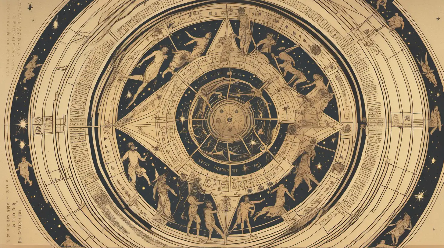 astrological wheel with human faces flying around the wheel, muted colors, loose lines