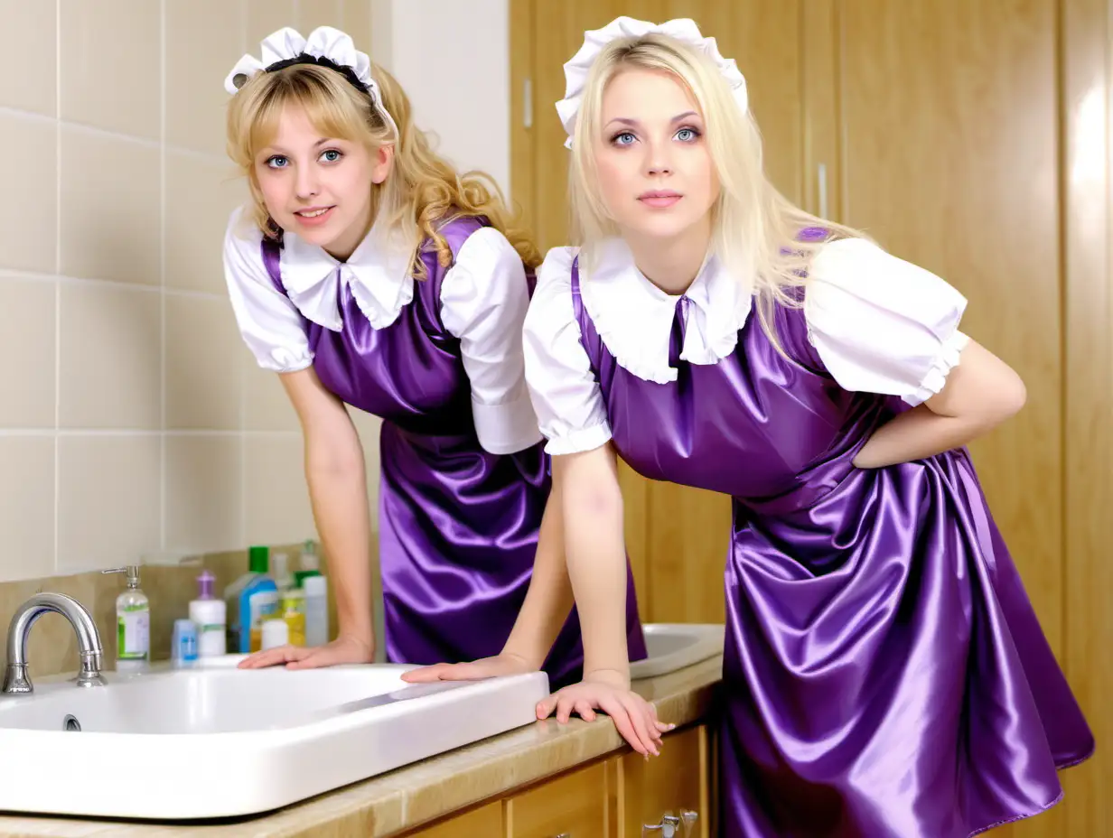 girl in long lila  satin maid uniforms and mothers blonde hair clean bathroom and kitchen