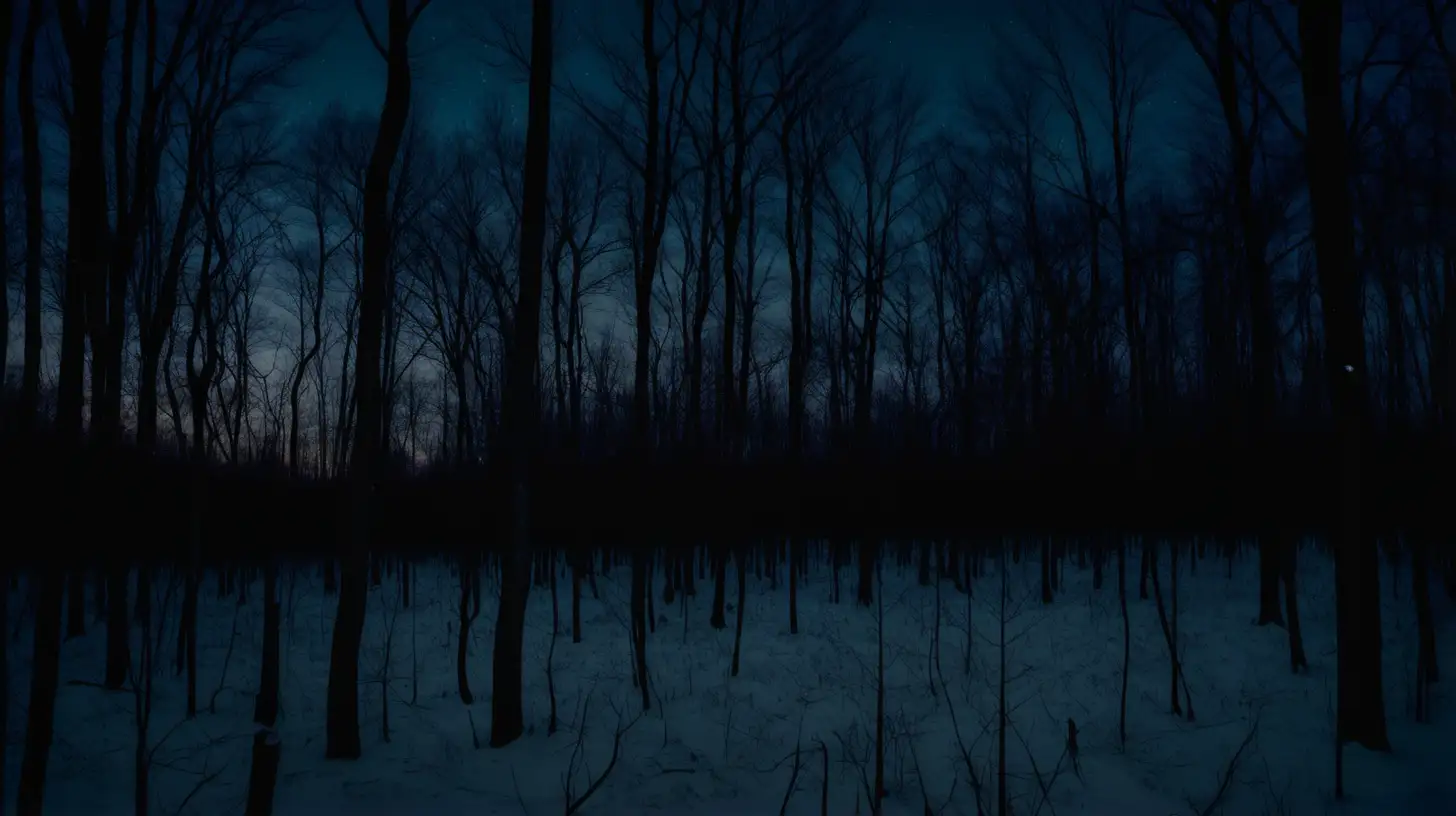 A dark, night time winter clearing in a dense deciduous forest in upstate New York. Trees are bare and there's a thin layer of snow on the ground. A dim, ambiguous light illuminates the scene from over the horizon.