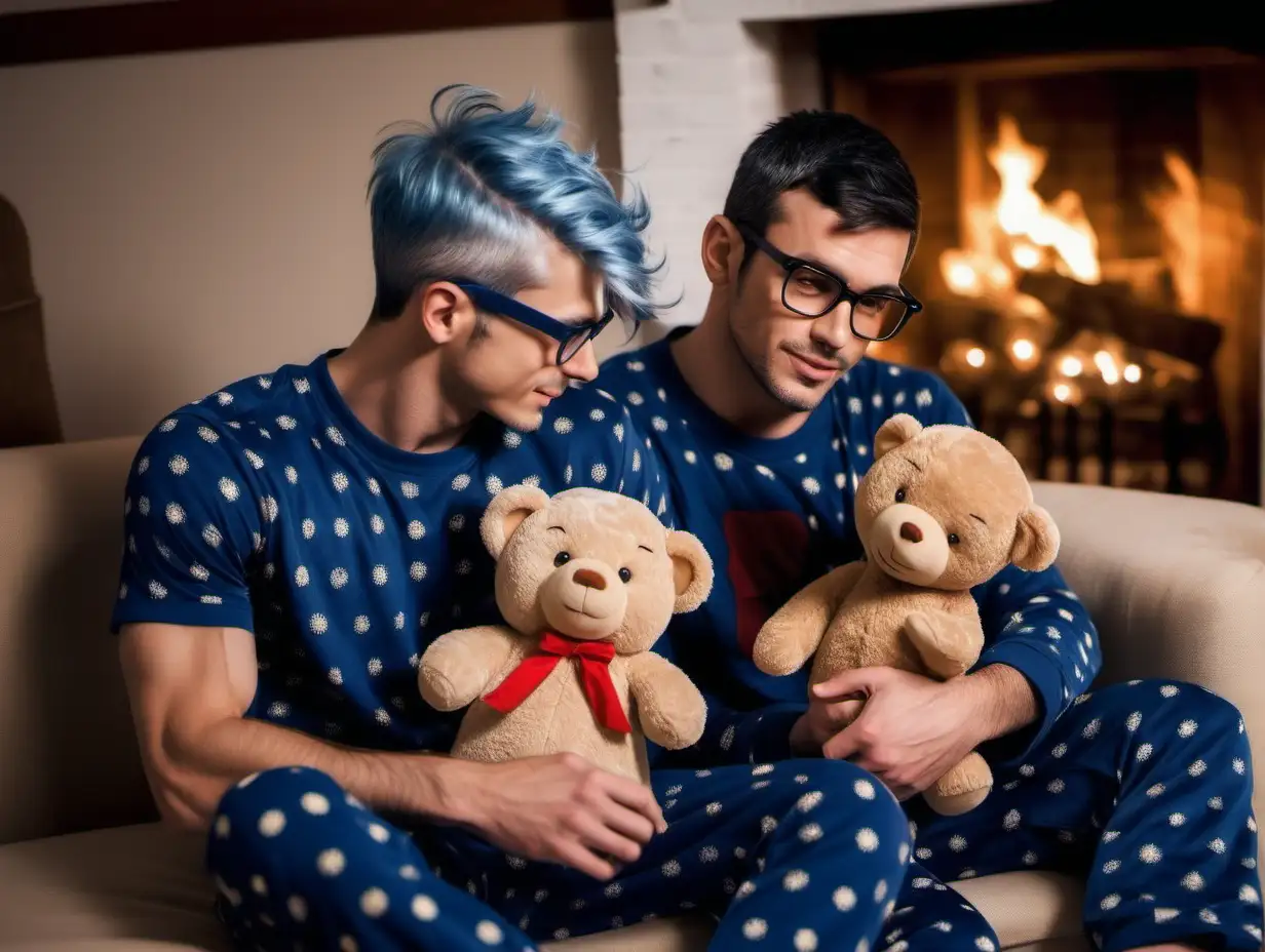 Handsome man Short blue hair muscular stubbles glasses pajamas giving his little brother a teddy bear for Christmas wholesome fireplace sofa 