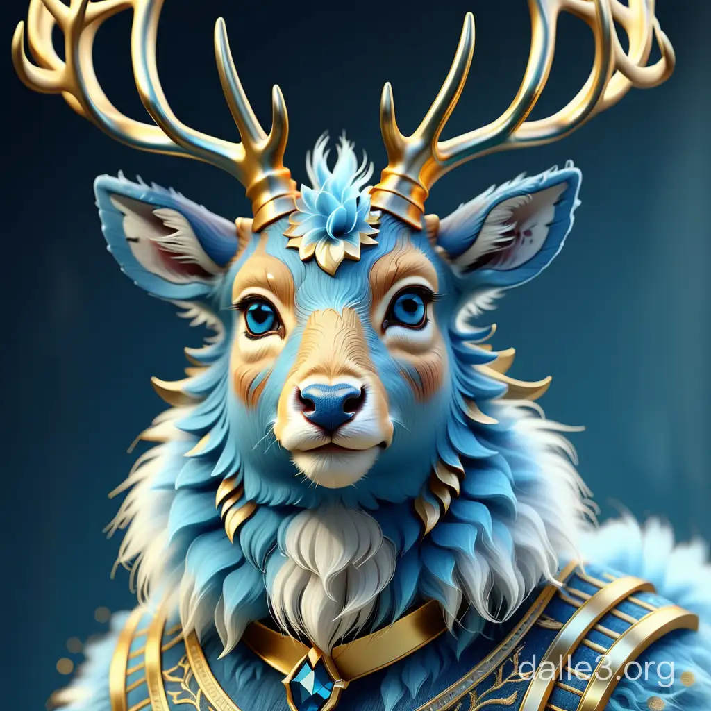 lovely blue fluffy deer fabulous style,with gold stripes, golden horns, lots of details, hyperdetalization, close-up,8k