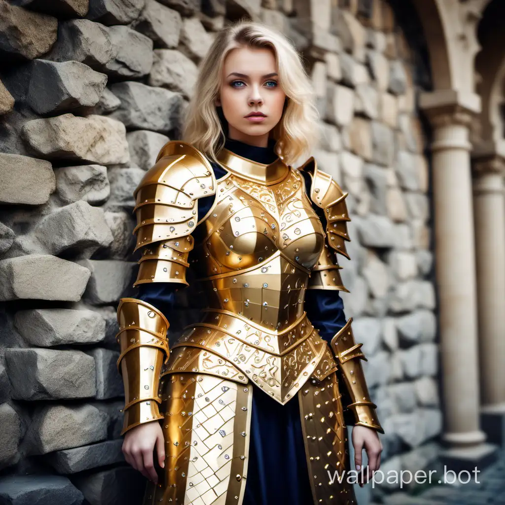 girl magician, blonde, 25 years old, girl knight, girl in armor, golden armor with a pattern and encrusted stones, against a stone masonry background