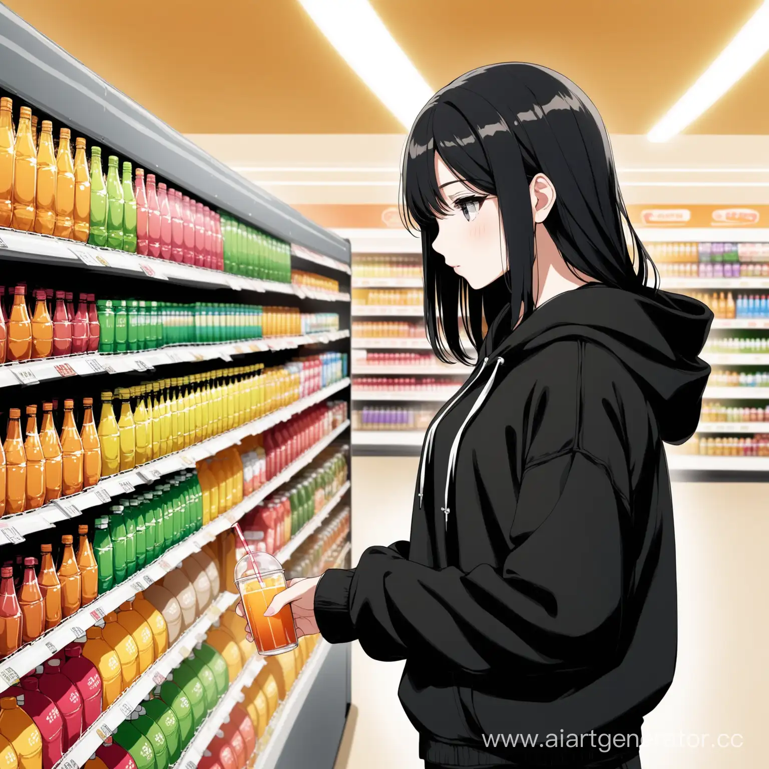 a teenagers female at local grocery choosing a drink, has a shoulder length black hair, gray eyes wearing plain black hoodie, black cargo pants, white shoes