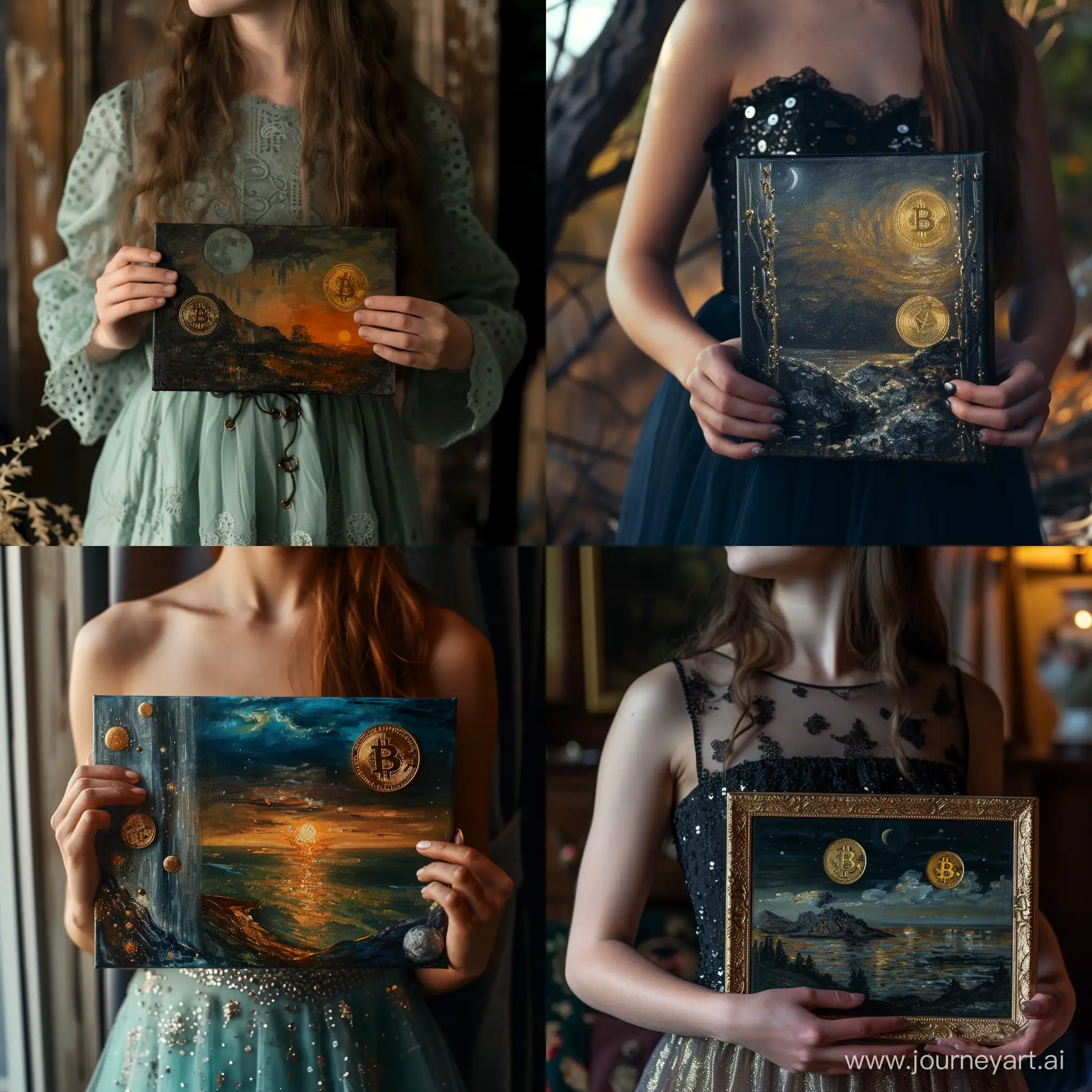 девушка в платье держит в руках рисунок маслом на котором нарисована криптовалюта и лунный закат