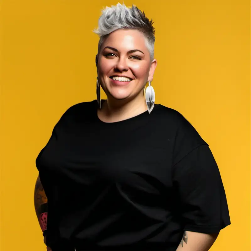 Create one full figured queer woman, with short grey hair, dressed in a white PRIDE tee, who looks passionate, focused, fierce, and energetic.