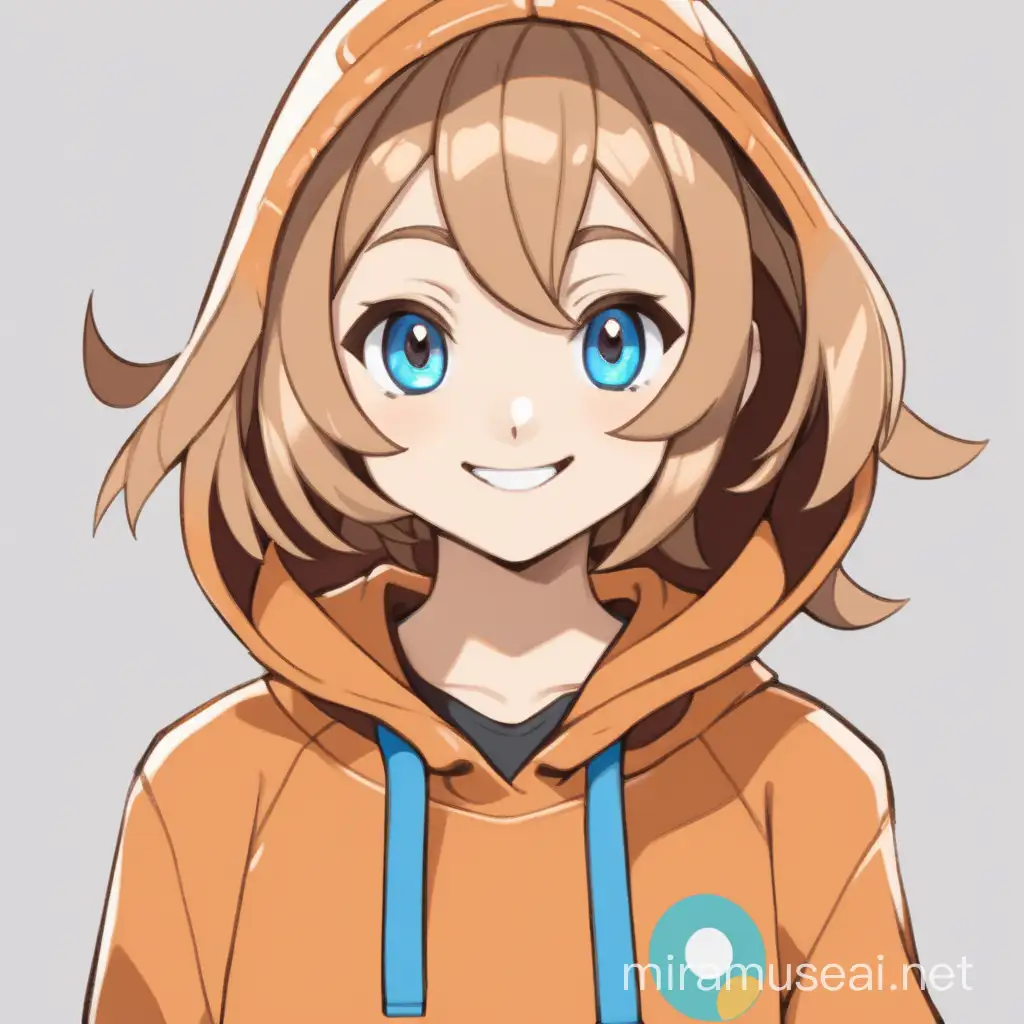 Pokemon-style teenage girl, an orange hoodie, blue eyes, light brown hair, short wavy hair, smiling, facing forward, front view 2d, 