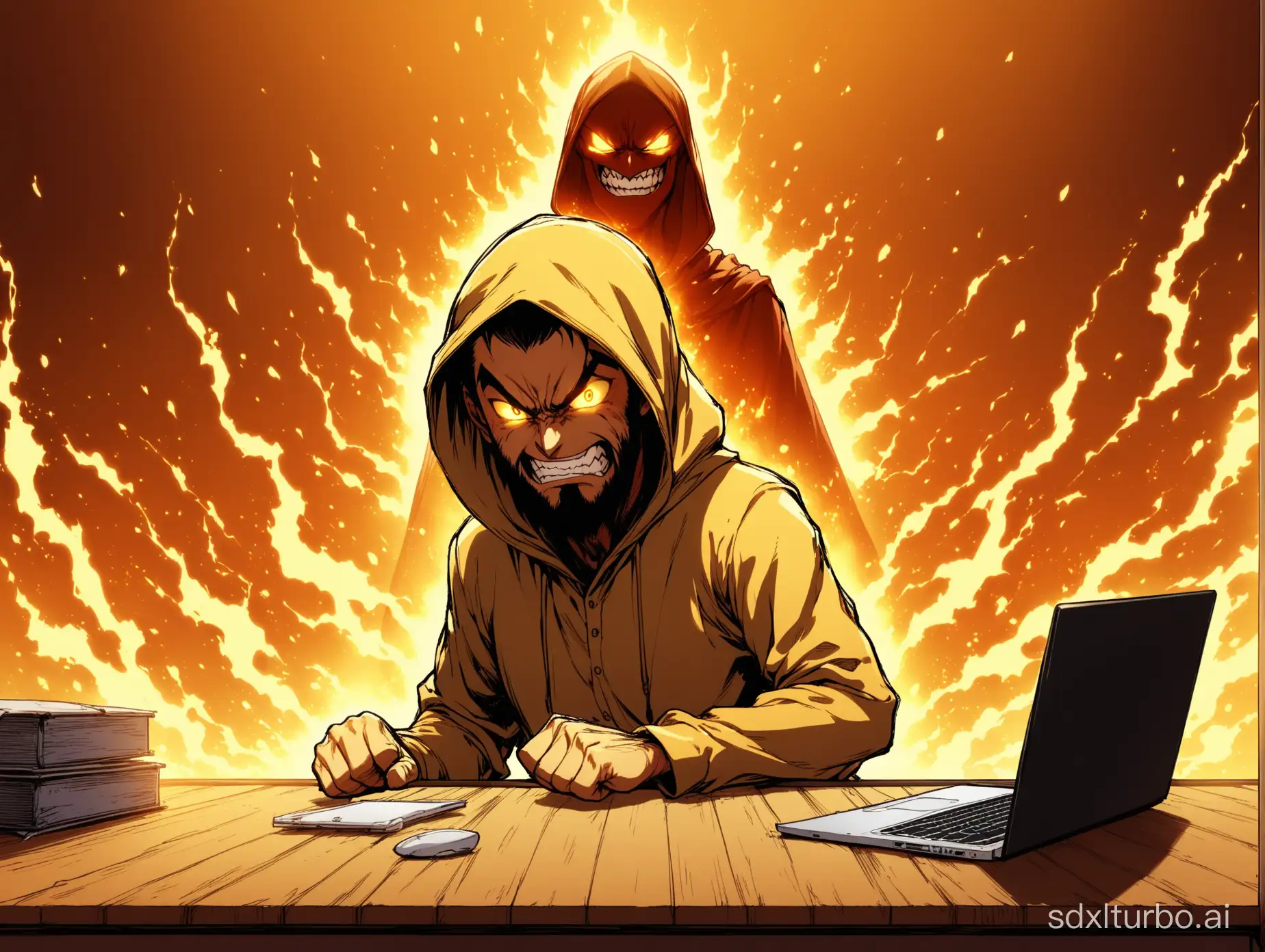 Dramatic anime: A lone Arabian man sitting infront of his laptop, eyes blazing with fury and cry, slams his fist on a desk littered with anger. behind him At his back hooded figure with a devilish grin and evil smile watching him and enjoying his loss. yellow glowy background