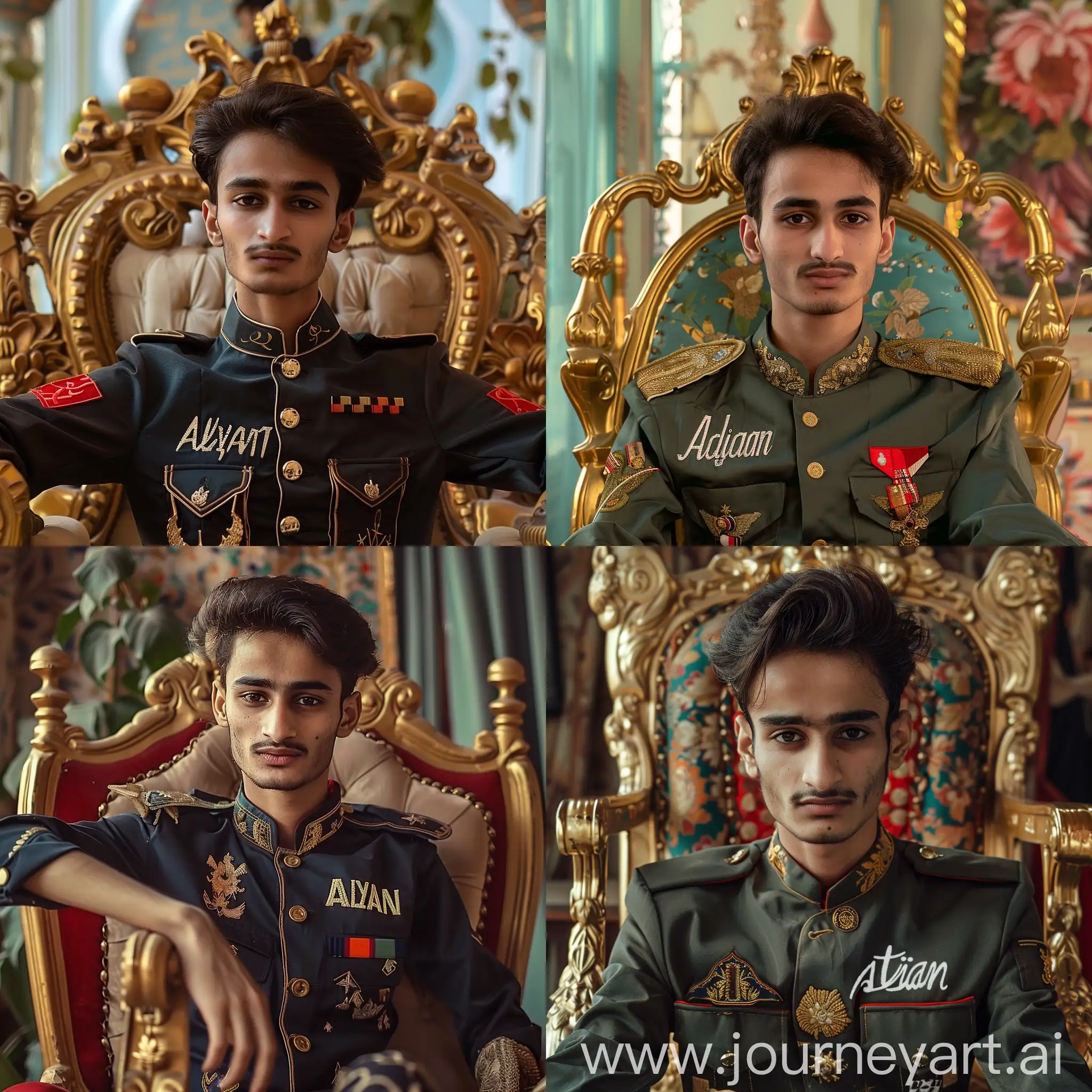 a teenager with slim physique, wearing an army uniform with "Alyan" embroidery on it. He is sitting on the gold made military chair with fantasy surroundings --style raw --cref https://cdn.discordapp.com/attachments/1215979386310889605/1216979067161804861/20240304052352195.jpg?ex=66025b13&is=65efe613&hm=e60fce9aad1857e1b24769950bafbf3bb7fc9e1f341e1c5e53fe09804bdf6b46& --cw 20