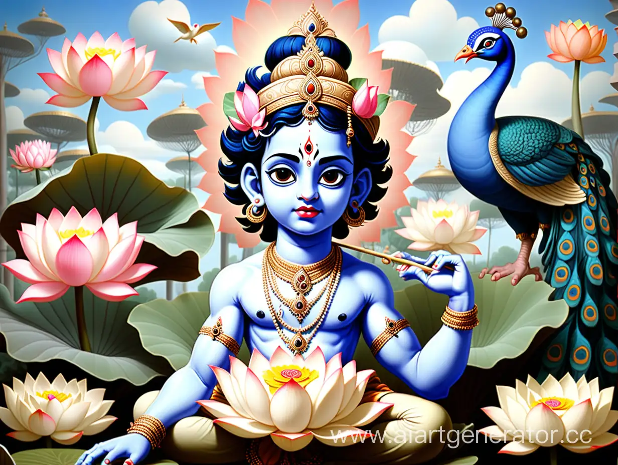 Divine-Krishna-Soaring-Amidst-Peacocks-and-Lotuses