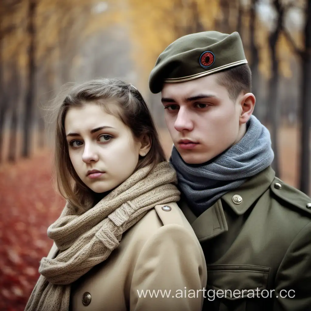 Heartfelt-Farewell-Young-Soldier-and-Autumn-Girl-Embrace-in-Sorrow