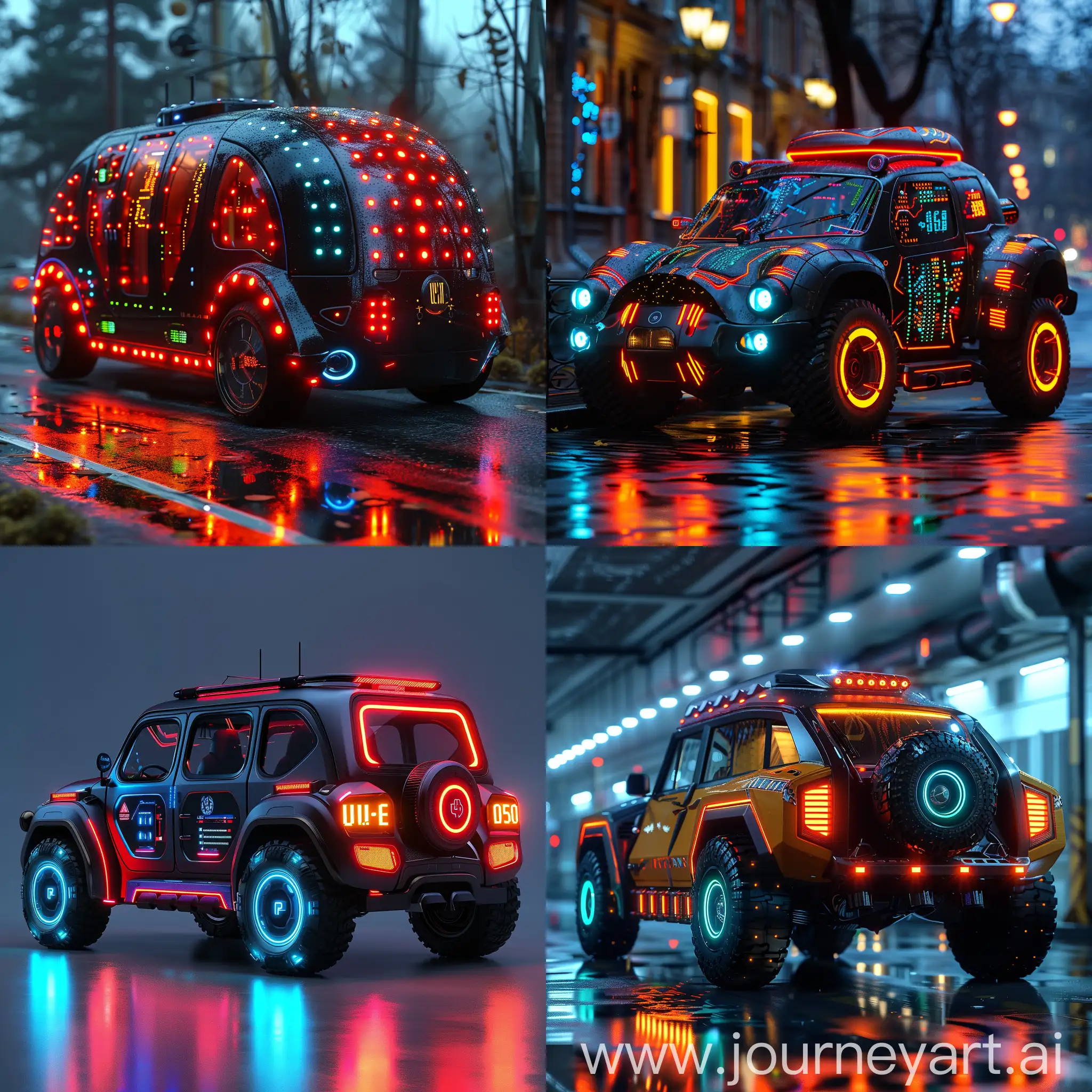 Futuristic UAZ-452, futuristic style of high tech, red green blue LEDs, octane render --stylize 1000