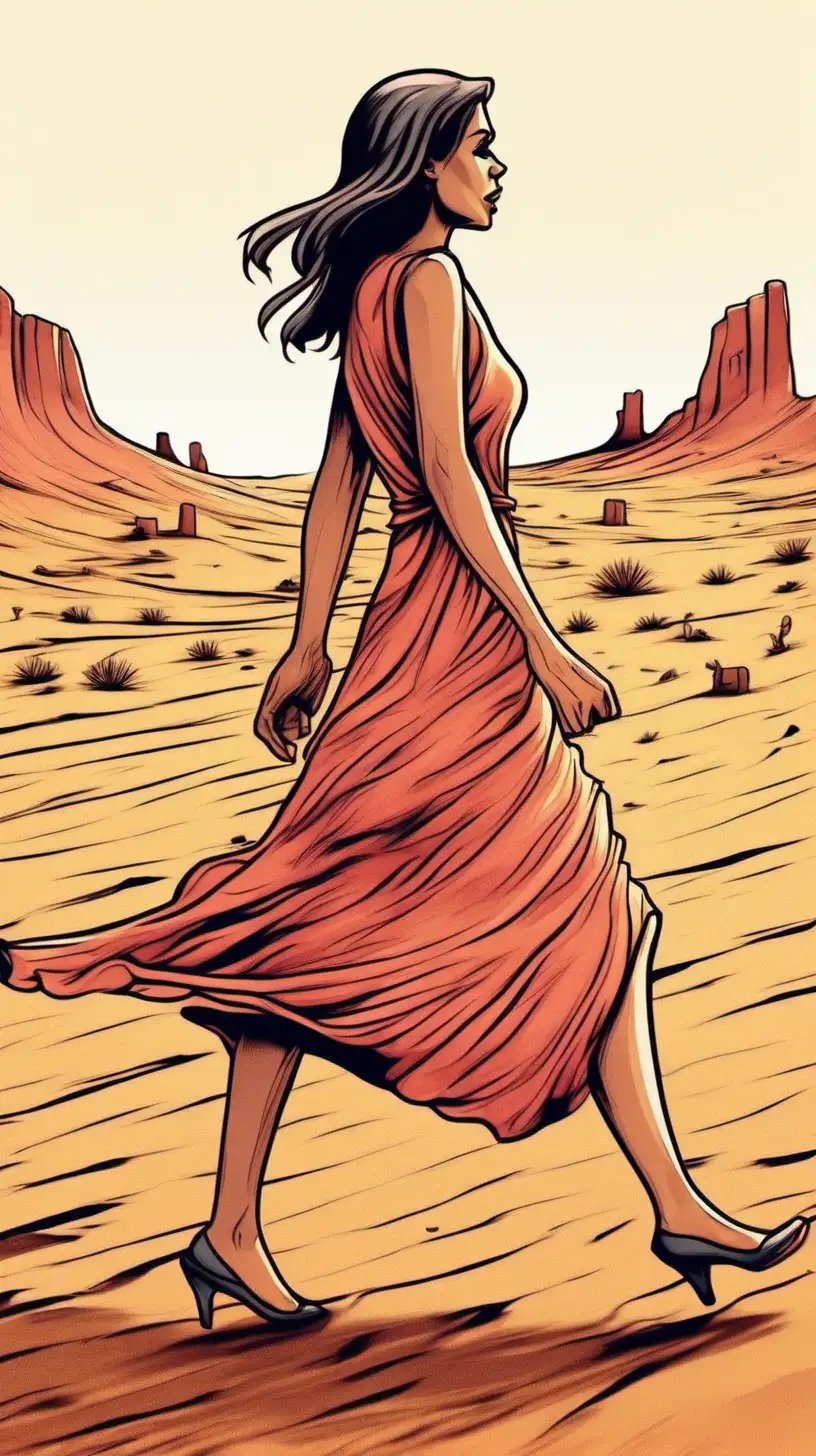 Colorful Cartoon Woman Walking in Desert with Dress
