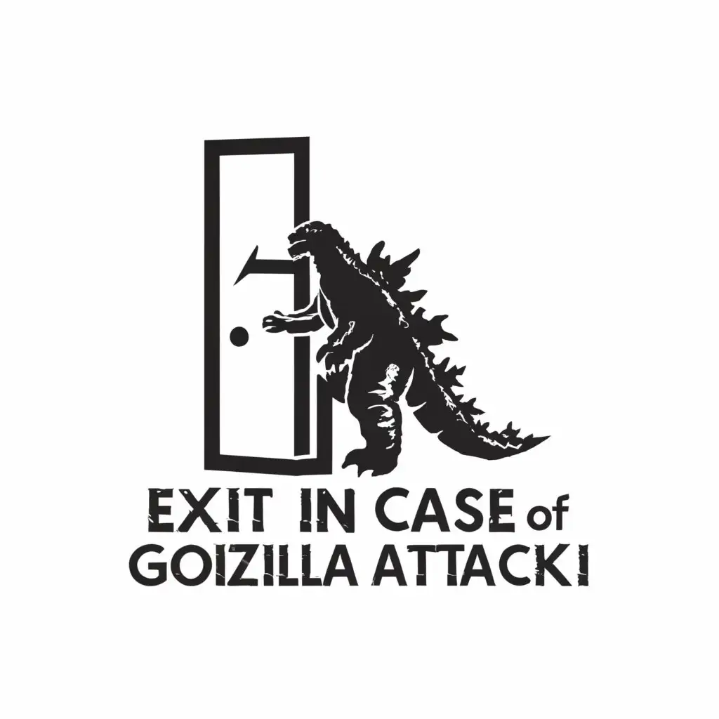 a logo design,with the text "Exit in case of Godzilla attack", main symbol:Arrow, door, Godzilla,Moderate,clear background