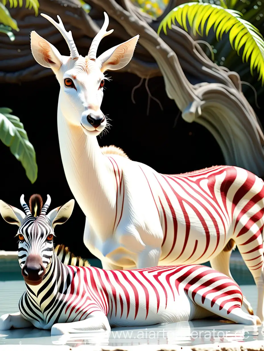 два друга белый олень и зебра отдыхают на ямайке