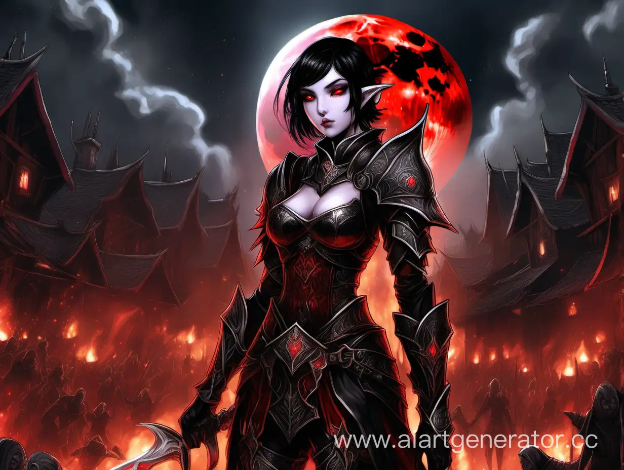 Dark-Fantasy-Art-Elf-Warrior-Amidst-Burning-Village-under-BloodRed-Moon