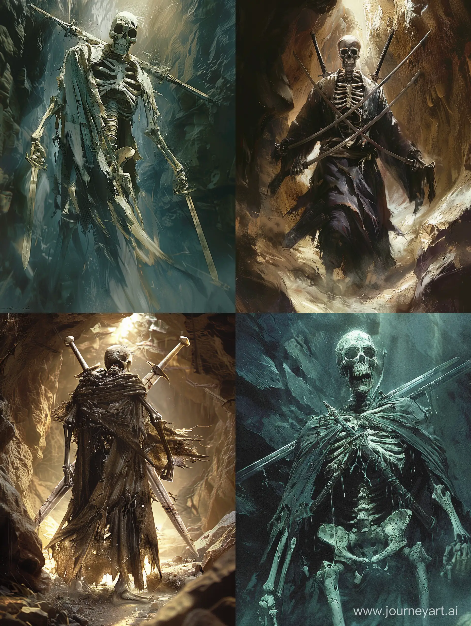 Skeleton warrior with torn robe , with two swords on his back , in a cave-like place underground , horror place , Dark light , incredible detail , terrifying , Digital Art , Imaginary image , fantasy.
