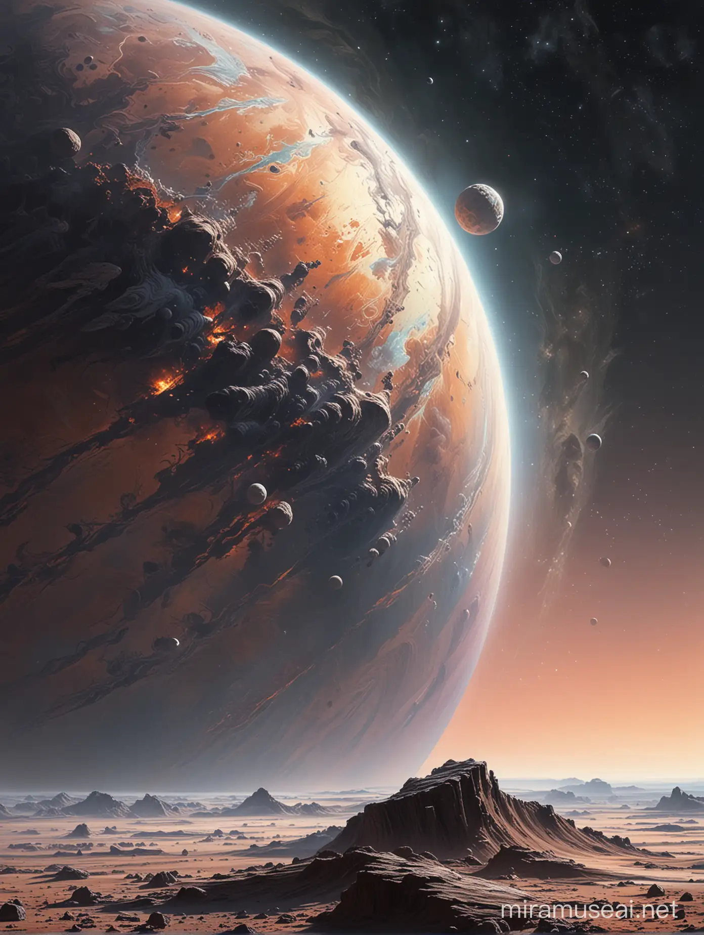 Highly detailed painting, wide view from the side, an asteroid skimming the surface of a gas giant planet, use muted pastel colors only, high quality