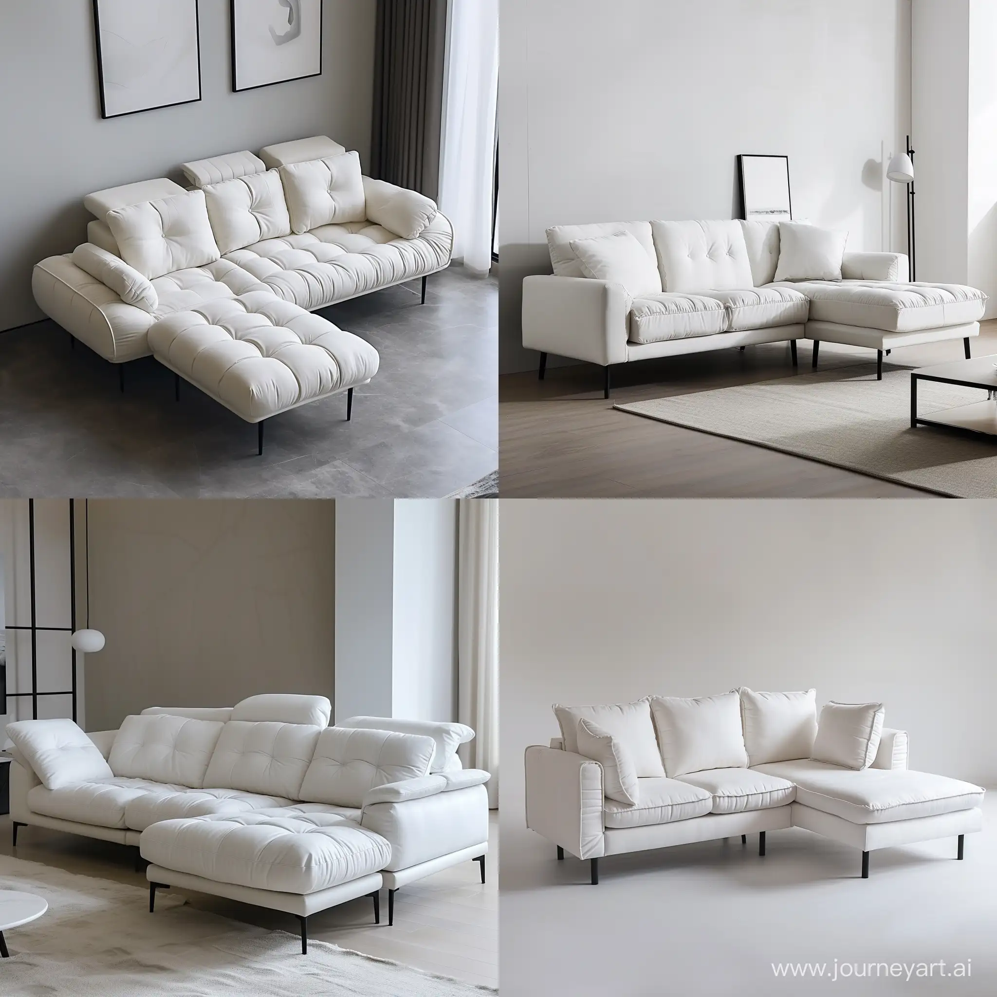 белый современный диван с оттоманкой, высокие черные металлические опоры, подушки спинки мягкие пуховые, подлокотники 25 см, помещение модное стильное, в стиле Vouge