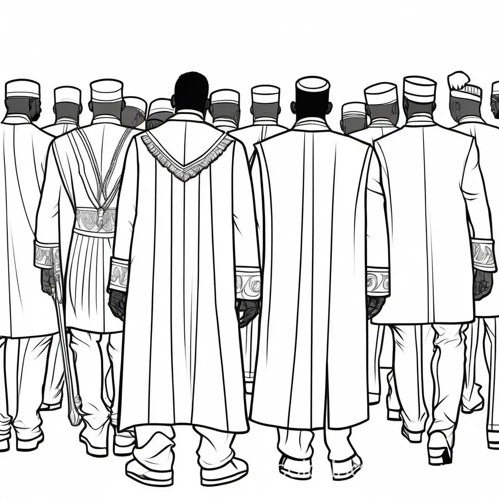 backside crowd of african american men in royal clothing, Coloring Page, black and white, line art, white background, Simplicity, Ample White Space. The background of the coloring page is plain white to make it easy for young children to color within the lines. The outlines of all the subjects are easy to distinguish, making it simple for kids to color without too much difficulty