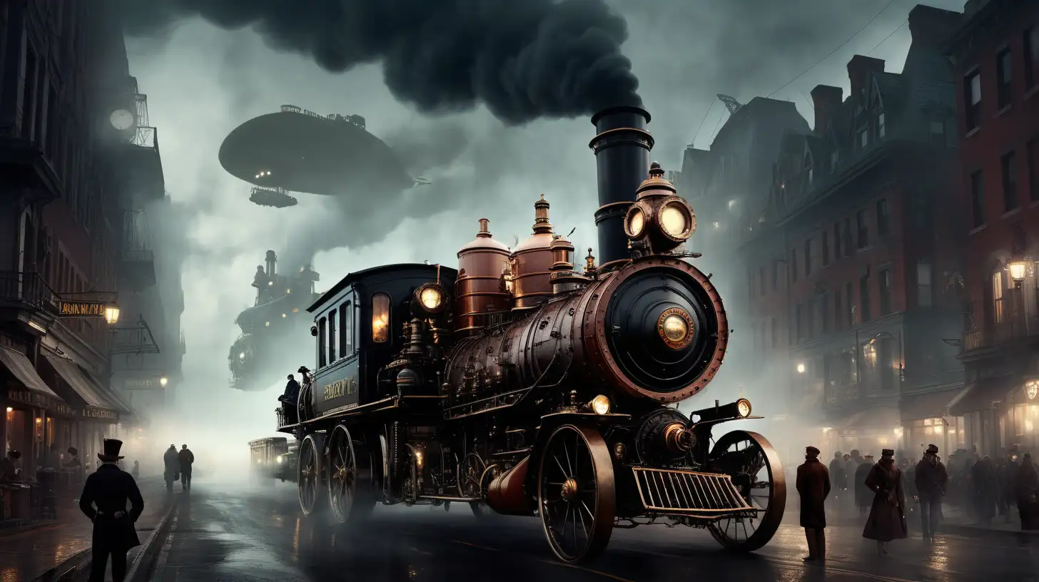 cars, steamengine, steampunk, side, fog, darkness, city, large street, traffic, people, space ships flying 