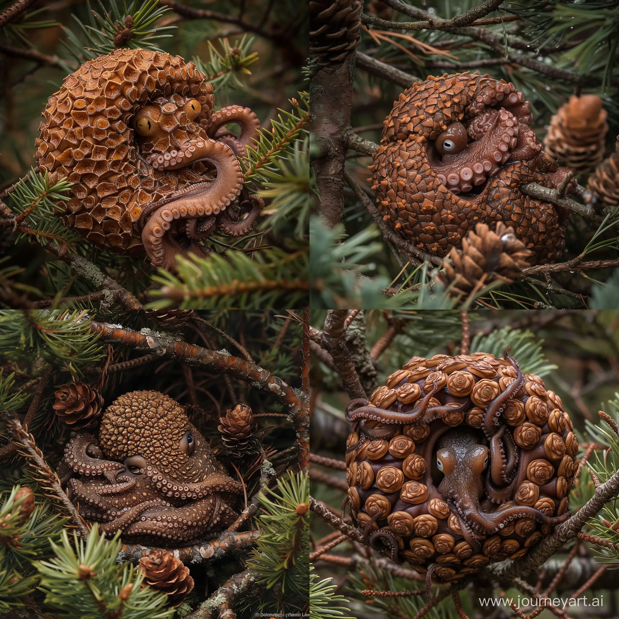 detailed crisp sharp award winning wildlife photo of a small wet mottled brown octopus completely covered in overlapping pinecone scales, pinecone scales covering the entire body and tentacles, curled up hiding in a pine tree, it looks exactly like a pinecone, only the eyes are visible, suckers are not visible, dense foliage with pinecones, temperate pine rainforest, bright daylight, telephoto lens, canon camera, wide shot with branches and context, good composition, Frans Lanting