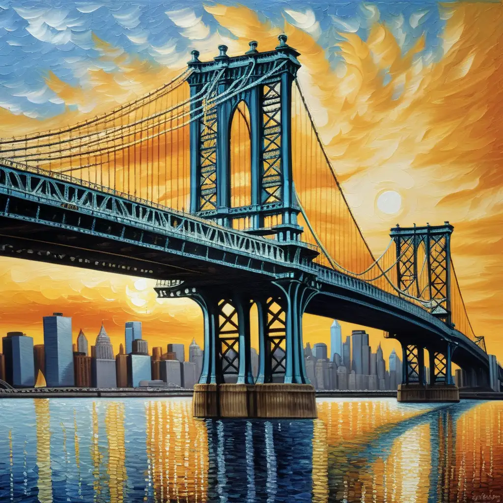 用油画的手法，梵高的风格，画一副落日下的曼哈顿大桥


