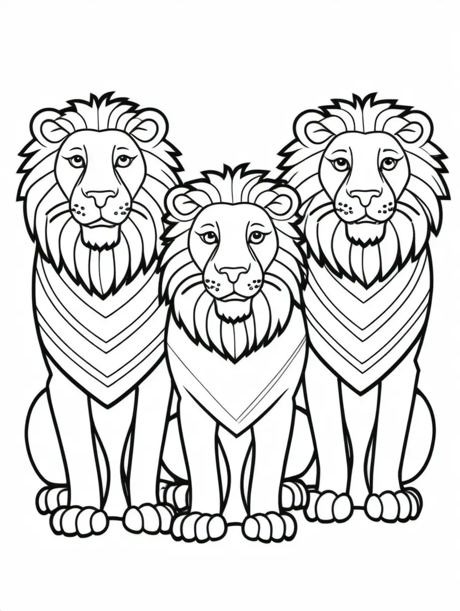 Three lions, Coloring Page, black and white, line art, white background, Simplicity, Ample White Space. The background of the coloring page is plain white to make it easy for young children to color within the lines. The outlines of all the subjects are easy to distinguish, making it simple for kids to color without too much difficulty