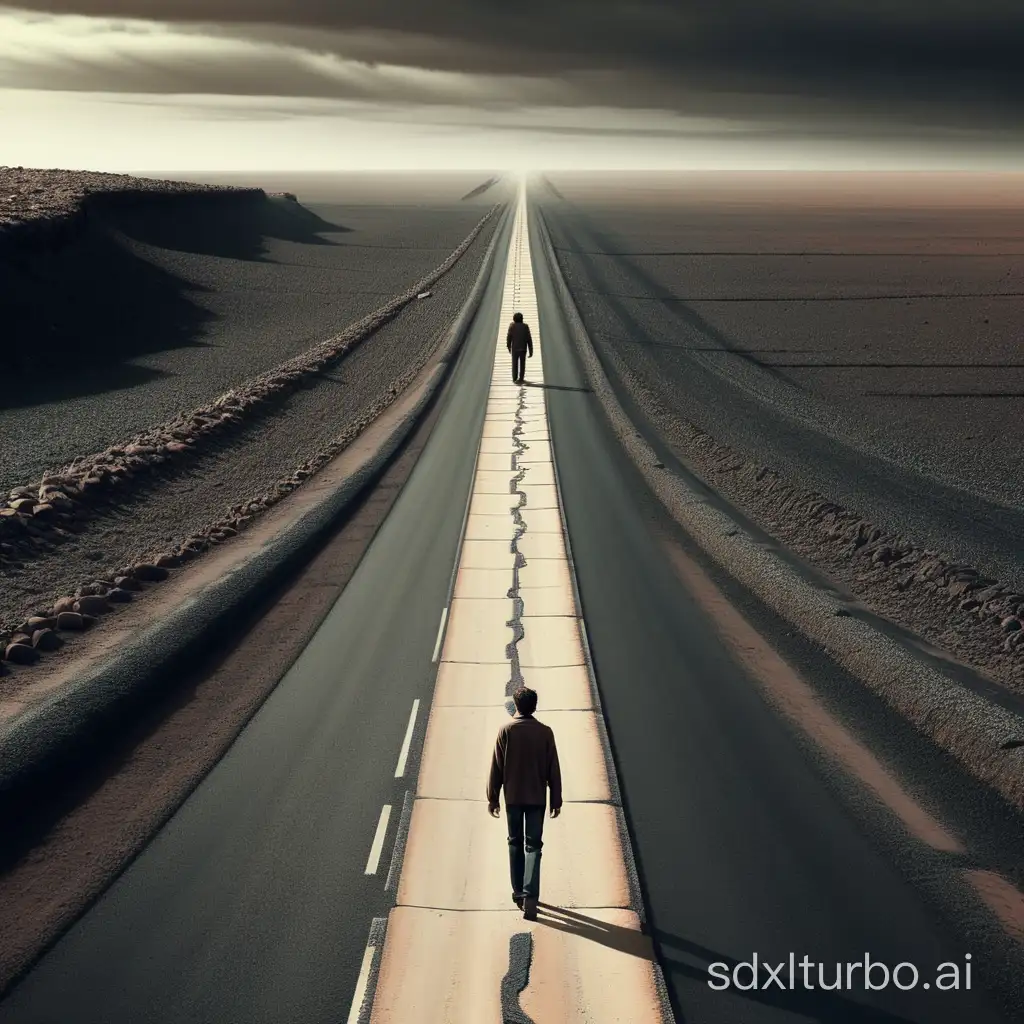 A man walking alone on an endless road