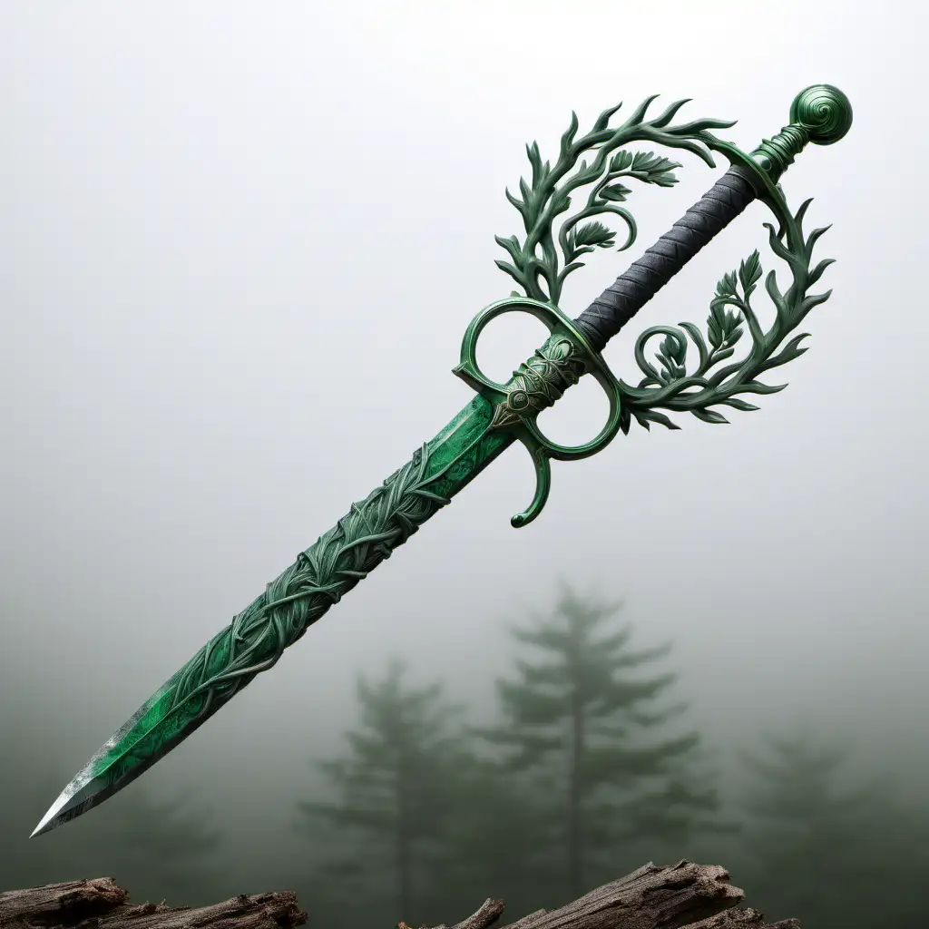 Pine green rapier with intertwining roots above the handle and a gray mist on its surface