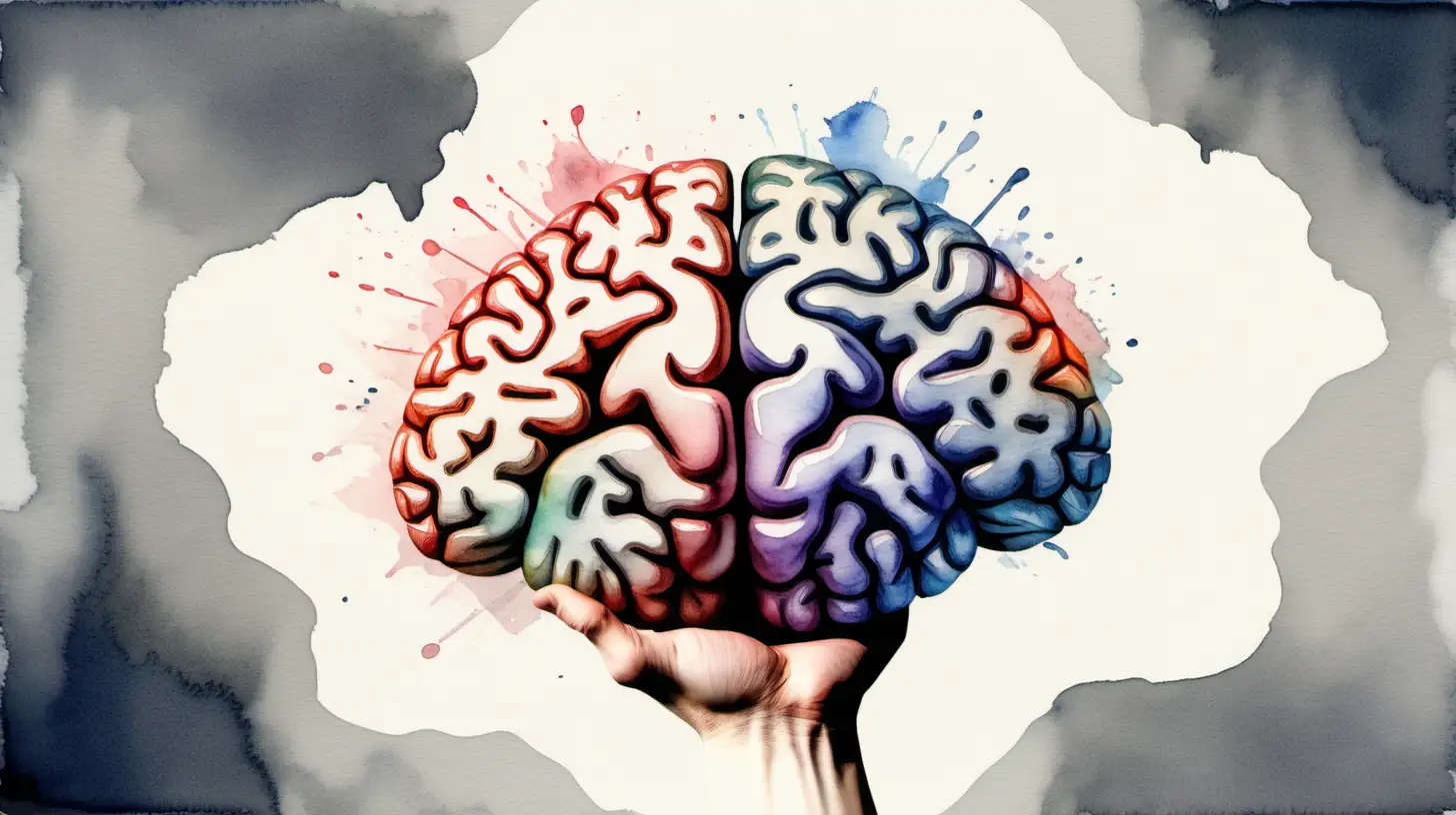 акварельный рисунок.человеческий мозг в руках мужчины
. copy space.