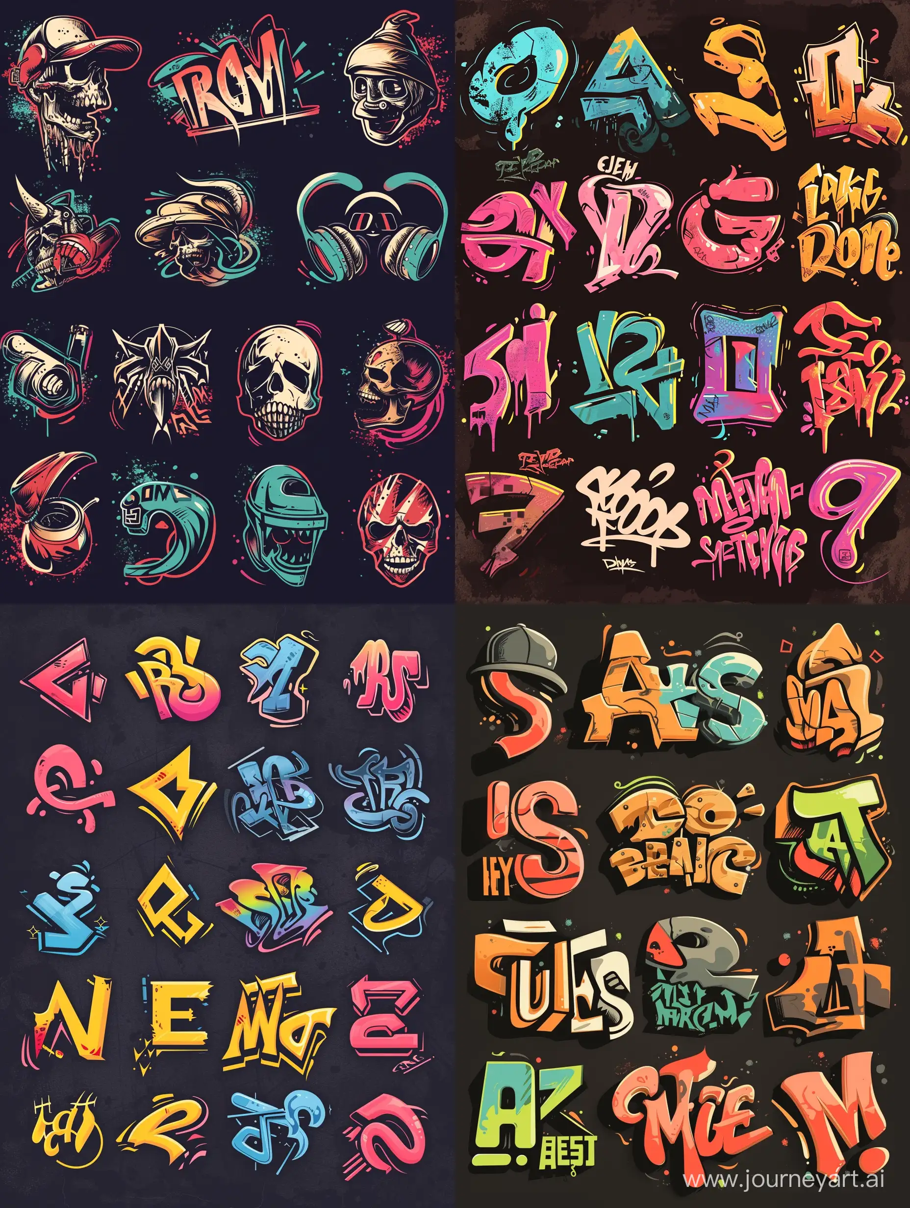 A set of vector graffiti symbols on a dark background. Logo illustrations