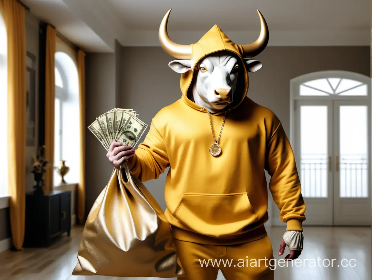 Бык в золотой толстовке с золотым капюшоном стоит в самом богатом доме и держит мешок с деньгами