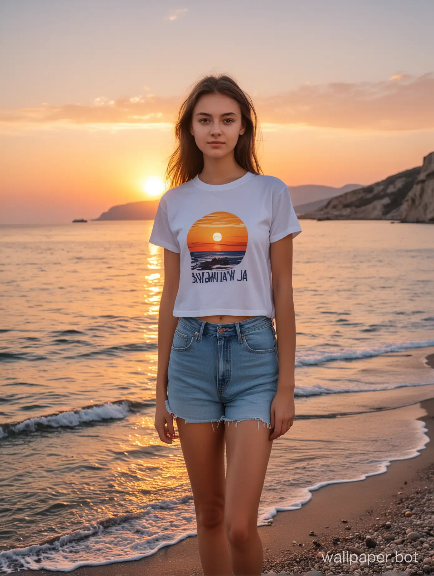 Закат на море в Крыму, девушка 19 лет в одной футболке