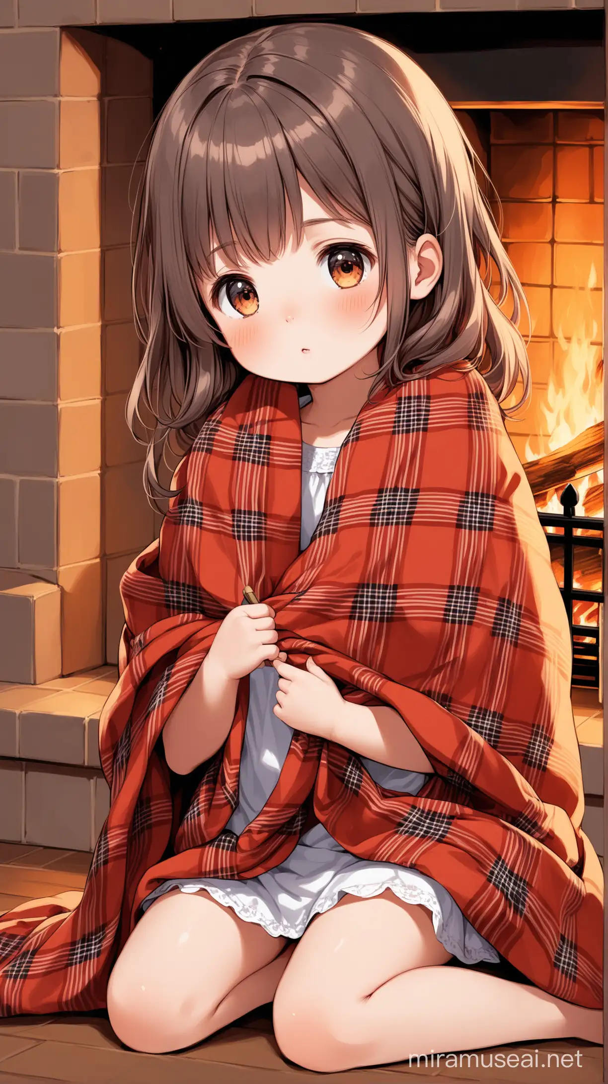 Child in Plaid Blanket Gazing at Fireplace