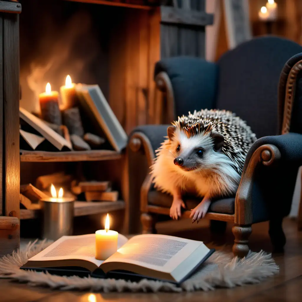 Cozy Hedgehog Enjoying a Book by the Fireplace in a Wooden Cabin