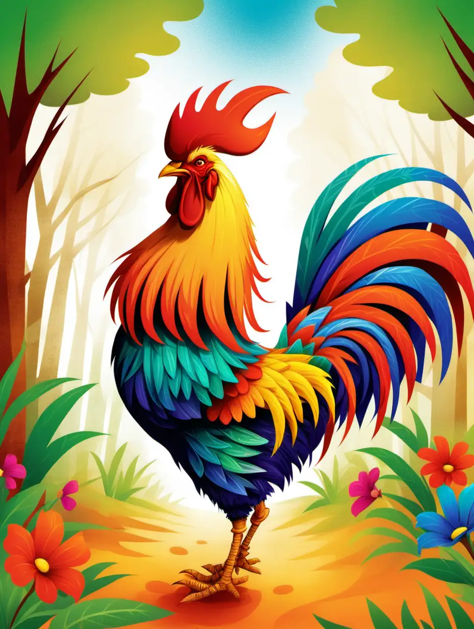 illustration page for kids book, rooster, vivid colors