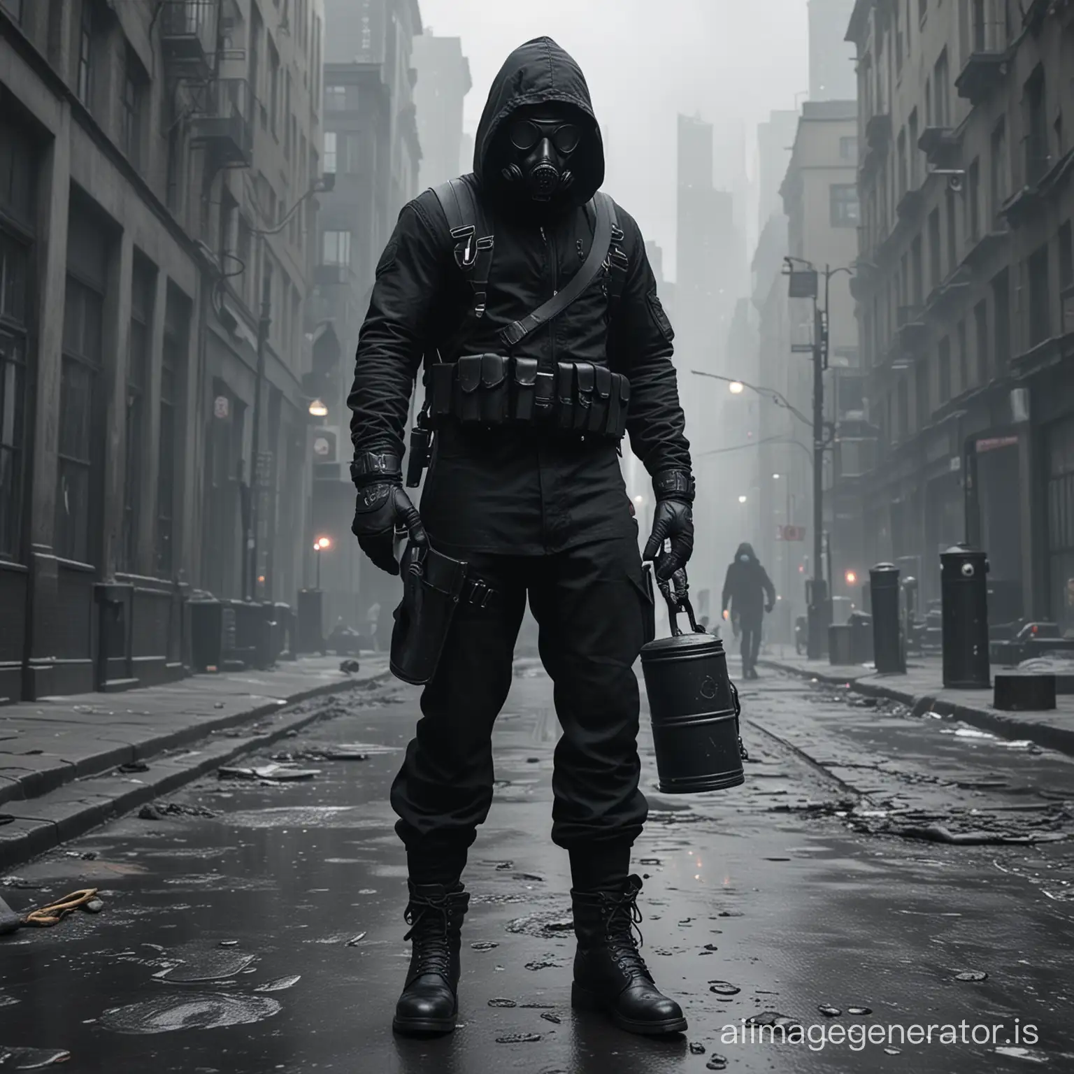 A man in black special clothing with black gloves in a gas mask with a black hood in black boots in the city. 4k,8k,HDR,UNREAL ENGINE 5