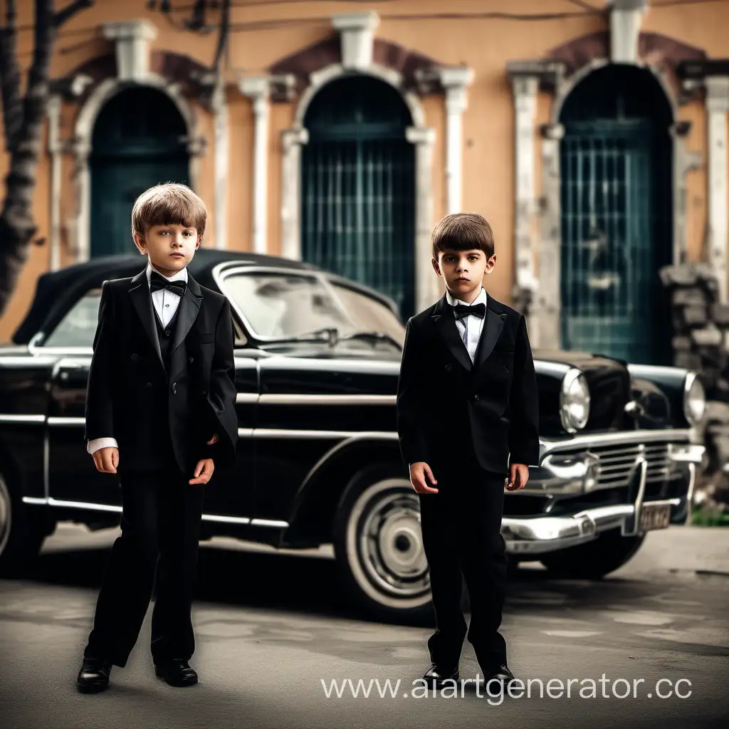 два мальчика в черных смокингах, на фоне старый ретро автомобиль
