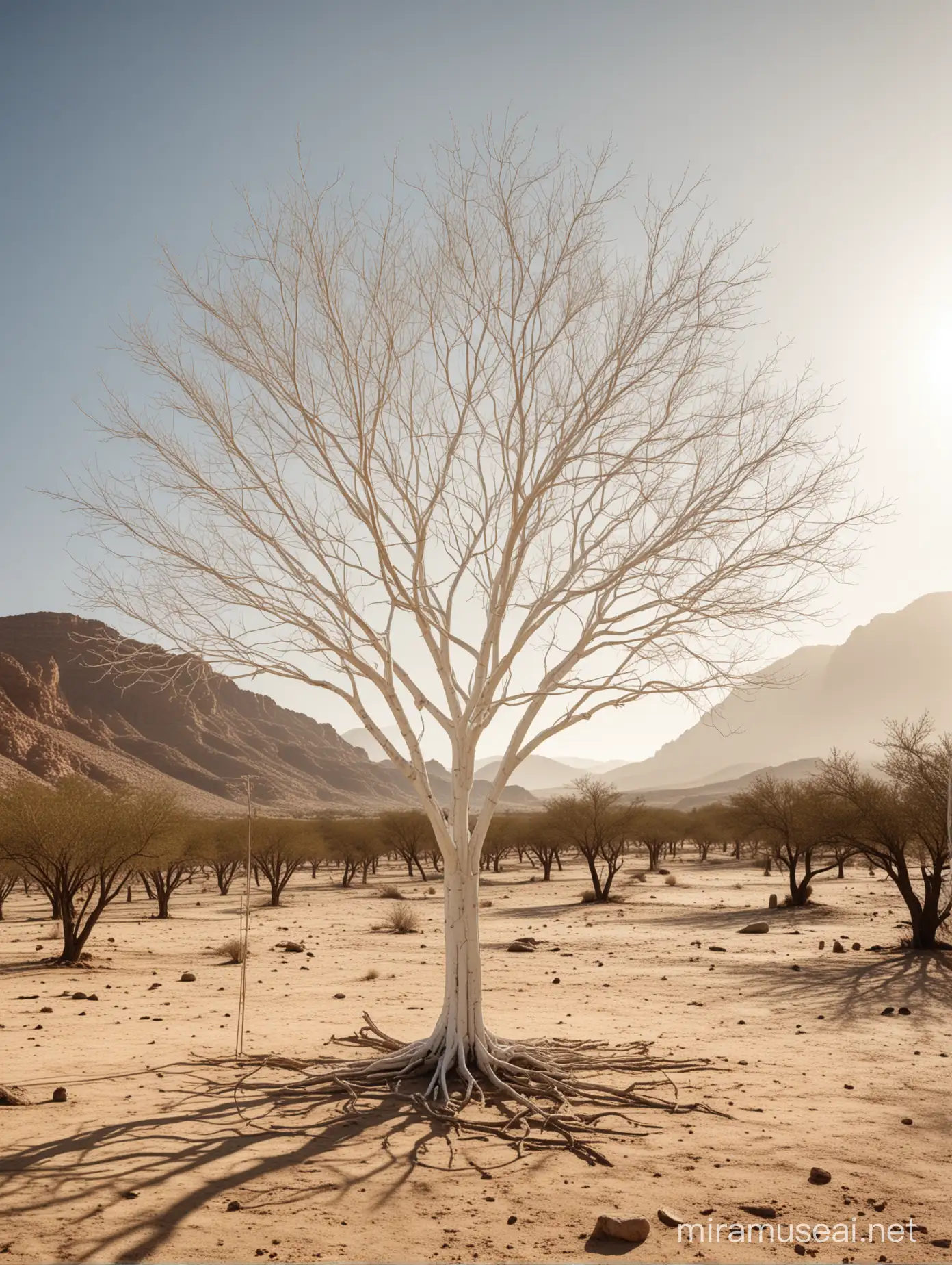 L'ambientazione è un luogo deserto. Cattura l'essenza dell'isolamento e della vastità del deserto. Un'impalcatura in wireframe di metallo bianco, dalle linee pulite e precise, è disposta attorno a un albero, che sembra essere in fase di ristrutturazione. La chioma dell'albero è ampia ma priva di foglie. I rami contorti. Sembra sofferente per la siccità. La luce è calda e ferma, permeata solo dal sussurro del vento. Ombre luminose. Immagine avvolgente e misteriosa. 