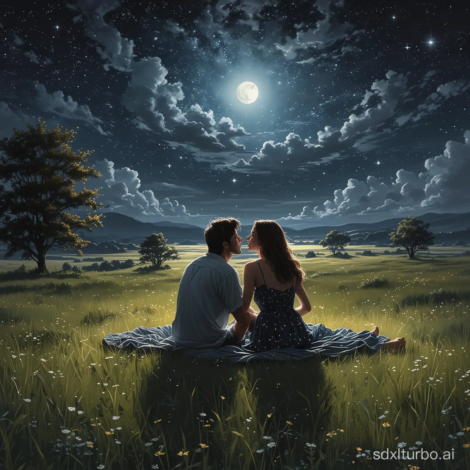 情侣在星光璀璨的夜晚亲吻，坐在静谧的草地上，周围是一片宁静，星星和月亮是他们唯一的见证者