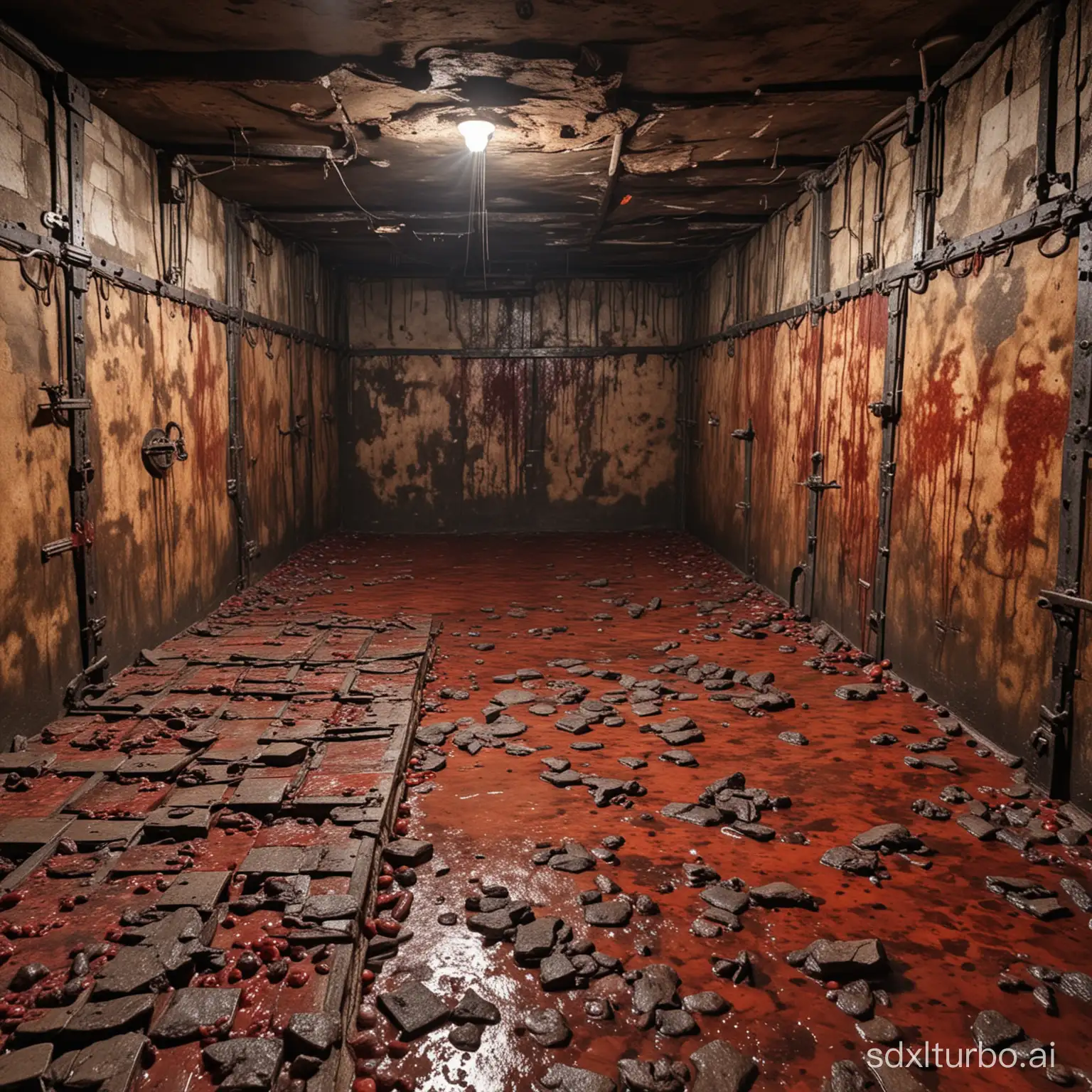 a large dungeon room with walls made of rotten stone covered in blood and rotten flesh spread across the floor