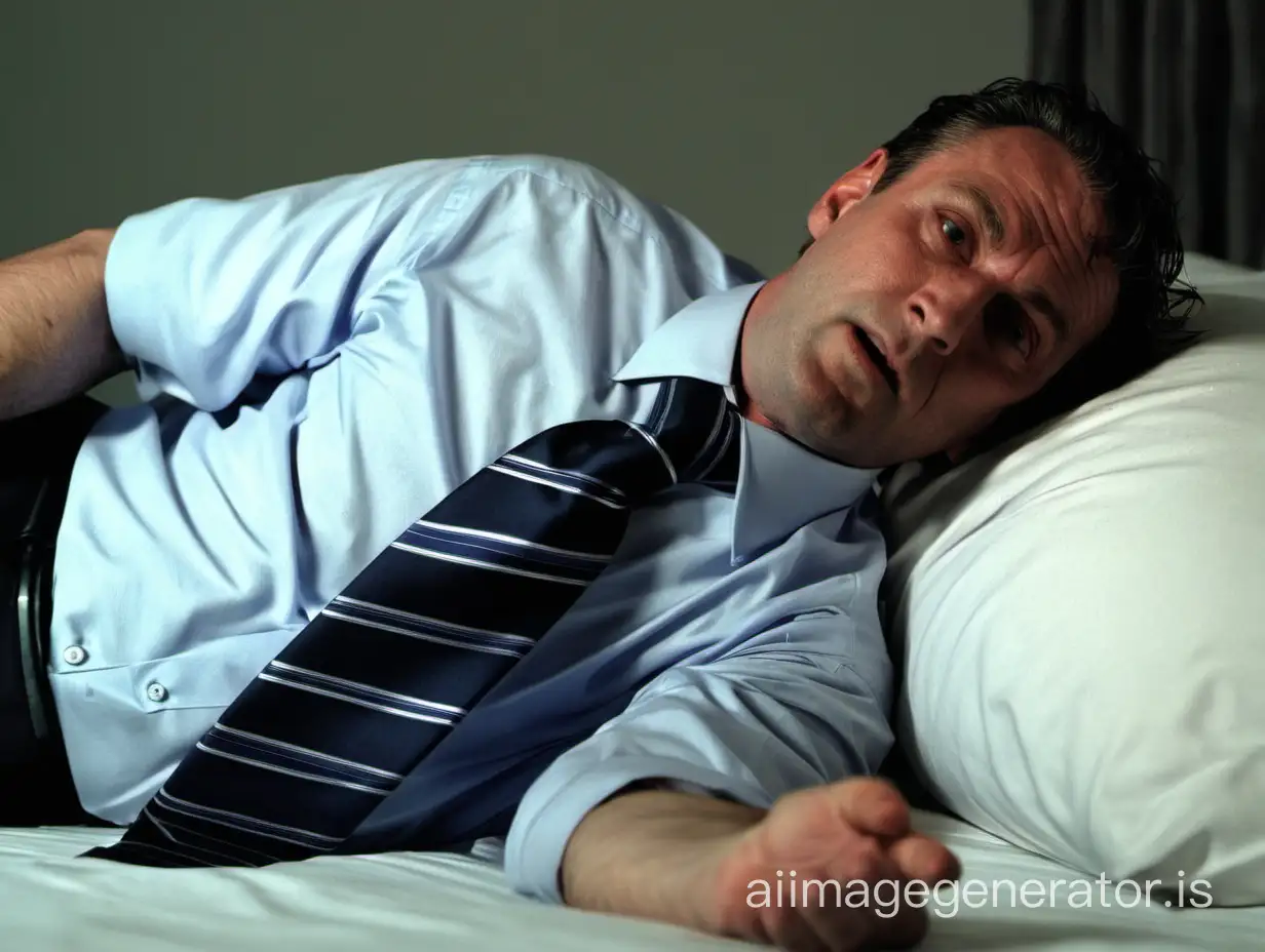 Business-Casual-Relaxation-Man-Rests-on-Bed-in-Shirt-and-Tie