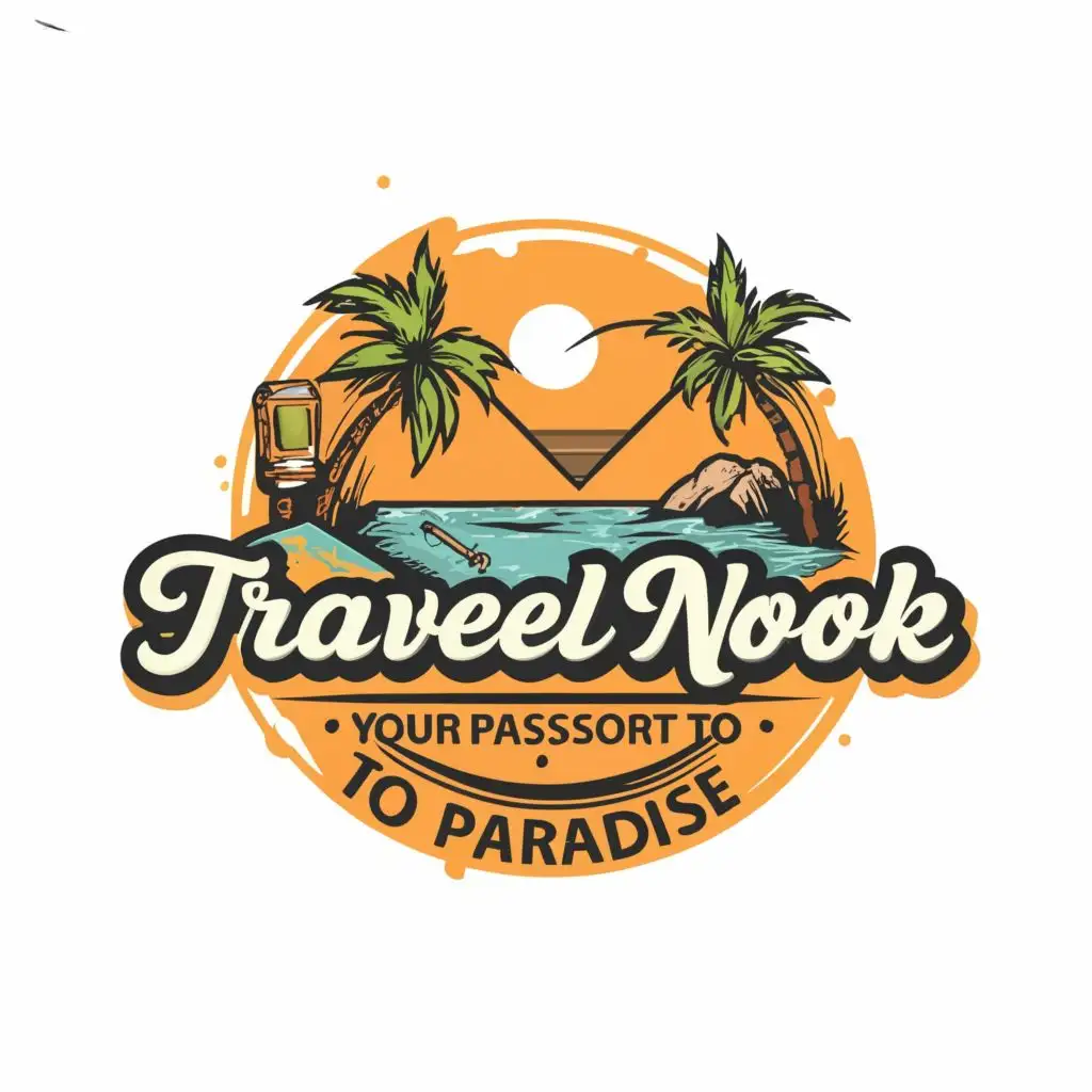 logo, beach,island,music, with the text "Travelnook

your passport to paradise", typography, be used in Travel industry