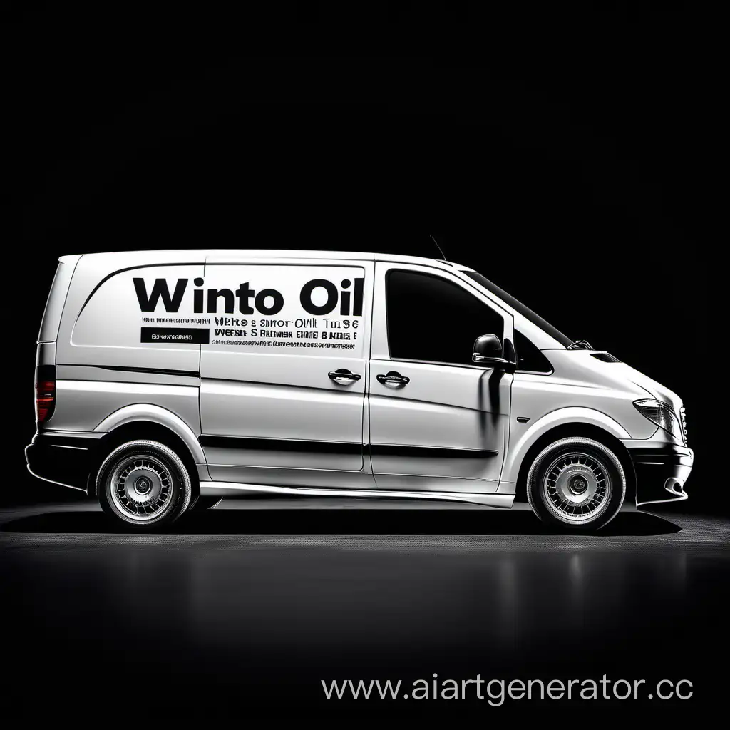 photo of a side view of a white Mercedes-Benz vito w639 advertising sticker of a 3-liter motor oil drum, in the style of smooth edges and blurred details, highlights, dynamic and rich, auto parts scenes with black and white in strict abstractions, on a monochromatic black background.