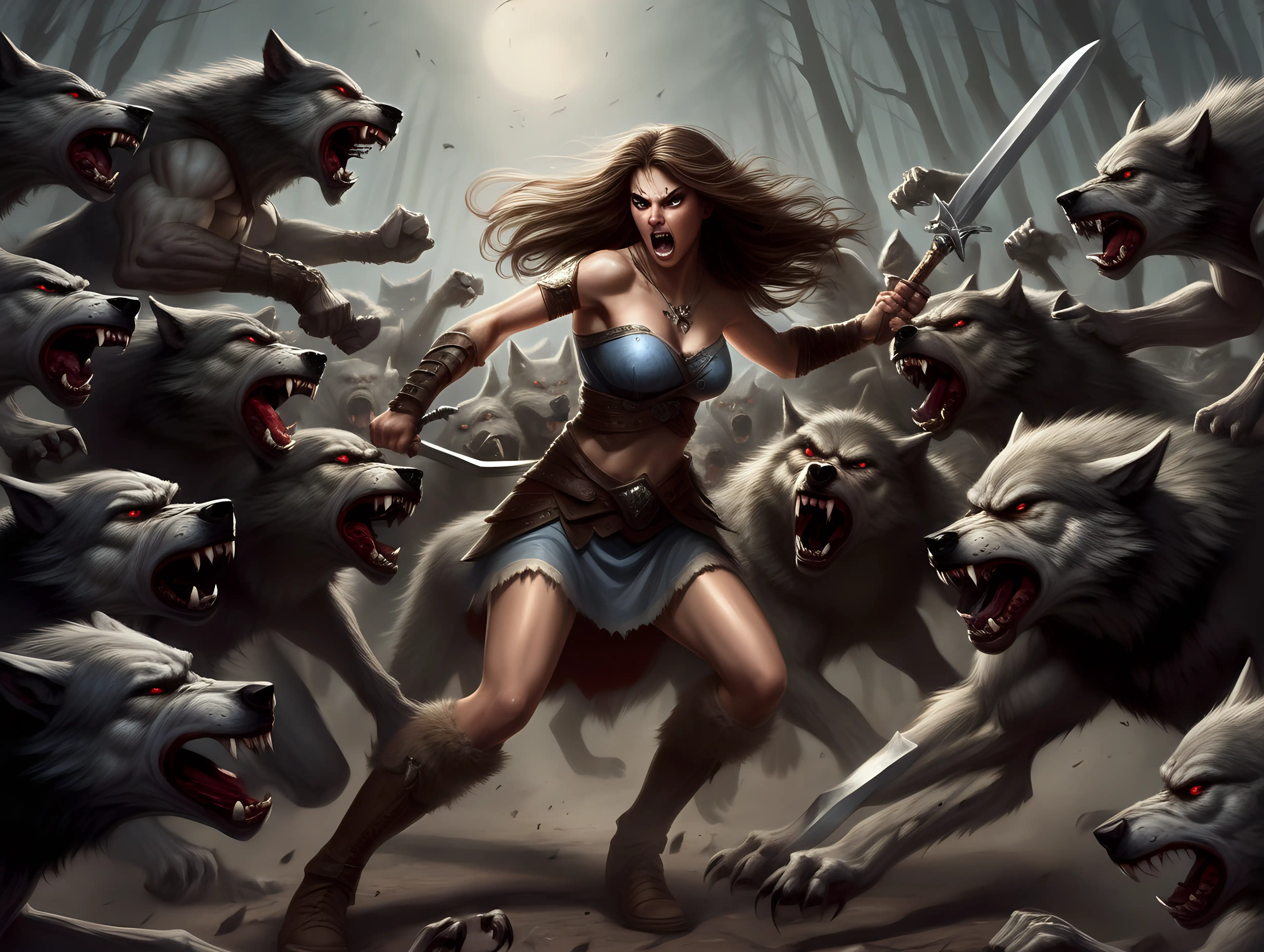 Courageous Warrior Princess Battling Werewolf Horde